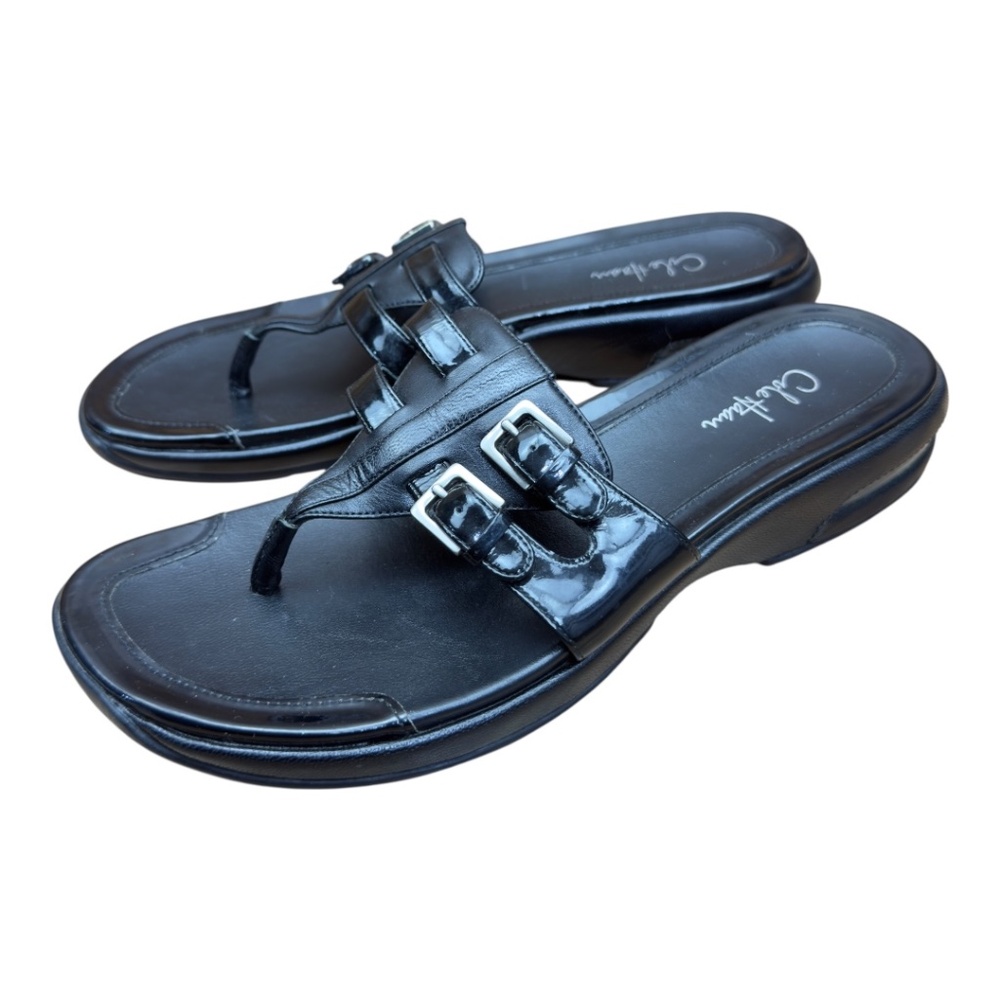 Cole Haan Black Patent Leather Buckle Thong Sandals